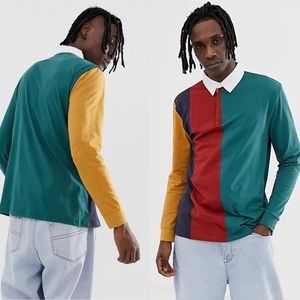 Long Sleeve Colorblock Polo Shirt in Teal, Mustard & Red